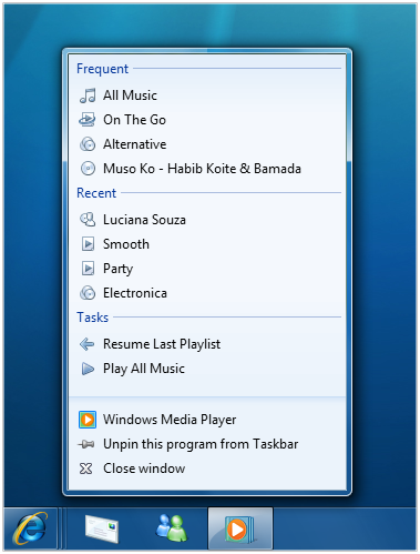 Windows Media<br />
Player Jump list.